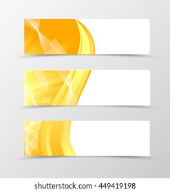 Set of header banner digital design with golden lines in orange color and wavy style. Vector illustration