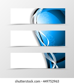 Set of header banner digital design with mosaic technologic surface in blue color and wave style. Vector illustration