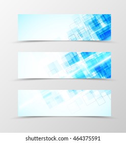 Set of header banner digital design with blue squares in futuristic shiny style. Vector illustration