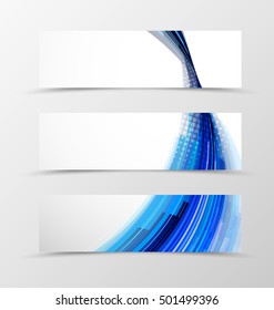 Set of header banner digital design with blue wavy lines and halftone effect in futuristic style. Vector illustration