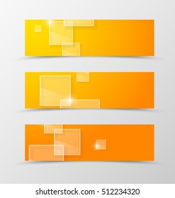 Set of header banner digital design in orange colors with transparent squares with glossy effect in futuristic style. Vector illustration