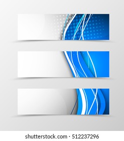 Set of header banner digital design with blue waves and halftone effect in dynamic futuristic style. Vector illustration