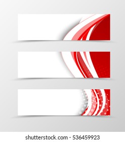 Set of header banner digital design with red and white lines and halftone effect in dynamic wavy style. Vector illustration