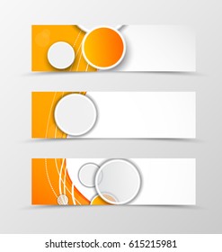 Set of header banner digital design with orange waves and circles in dynamic style. Vector illustration
