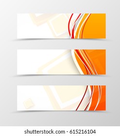 Set of header banner digital design with orange waves and transparent square background in futuristic style. Vector illustration