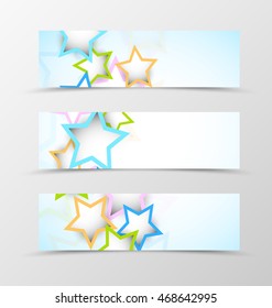 Set of header banner dynamic design with colorful stars in digital style. Vector illustration