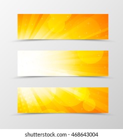 Set of header banner dynamic design in orange colors with stars, circles and halftone effect in shiny style. Vector illustration