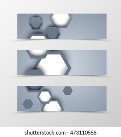 Set of header banner dynamic design in gray colors with hexagons in geometric style. Vector illustration