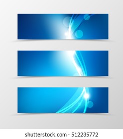 Set of header banner dynamic design in blue colors with lines, glowing effect and transparent circles in light style. Vector illustration