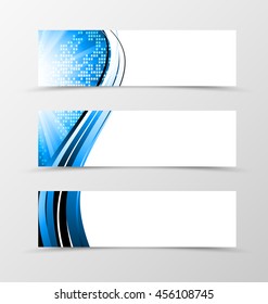 Set of header banner dynamic futuristic design with with blue lines and digital geometric mosaic square background with radiant effect in wave style. Vector illustration