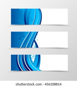 Set of header banner dynamic futuristic design with blue lines and digital geometric mosaic square background in wave style. Vector illustration