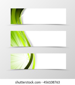 Set of header banner dynamic wave design with green lines in vortex shiny style. Vector illustration