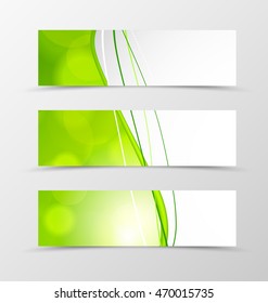 Set of header banner dynamic wave design with green lines and transparent circles in acid style. Vector illustration