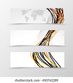 Set of header banner futuristic design with with orange and black lines and world map in wave style. Vector illustration