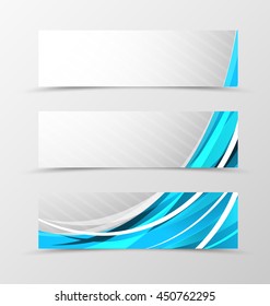 Set of header banner futuristic design with with blue transparent lines and dynamic slanting stripes background in wave style. Vector illustration