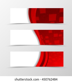 Set of header banner technologic design with with red lines and digital dynamic mosaic square background in wave style. Vector illustration