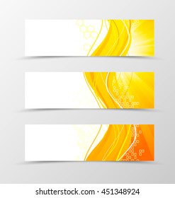 Set of header banner wave design with orange lines and digital dynamic square and hexagon background in technologic style. Vector illustration