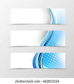 Set of header banner wave design with blue lines and digital halftone background in dynamic shiny style. Vector illustration