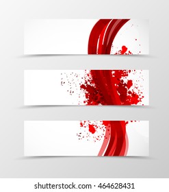 Set of header banner wave design with red lines in dynamic grunge style. Vector illustration