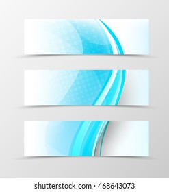Set of header banner wave design with blue lines and digital halftone background in dynamic smooth style. Vector illustration