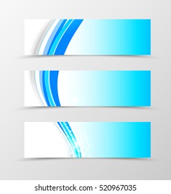 Set of header banner wave design with blue lines and halftone effect on light background in dynamic style. Vector illustration
