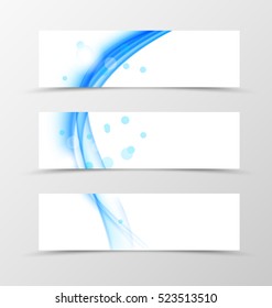 Set of header banner wave design with blue lines and transparent circles in dynamic style. Vector illustration