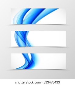 Set of header banner wave design with blue transparent lines in dynamic soft style. Vector illustration