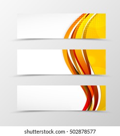 Set of header banner wavy design with orange lines and halftone effect in dynamic style. Vector illustration