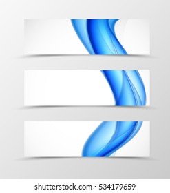 Set of header banner wavy design with blue lines in shiny soft style. Vector illustration