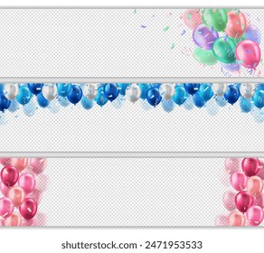Conjunto de cabeceras con globos brillantes de colores 3d realistas y decoración de confeti con aislado sobre fondo transparente. Diseño de Anuncios panorámicos para cumpleaños, fiesta de celebración, venta, invitación