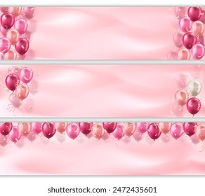 Set of headers with 3d realistic pink glossy balloons and confetti decoration with blank space for greeting text. Panoramic banners design for birthday celebration party, sale, ads, wedding invitation