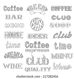 Set of headers for processing coffee, wine, beer, bars, restaurants, shops. Signs and labels in vintage style. Hand made schedule.