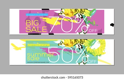 Set of headers for summer sale. Colorful vector illustration with painting flower. 