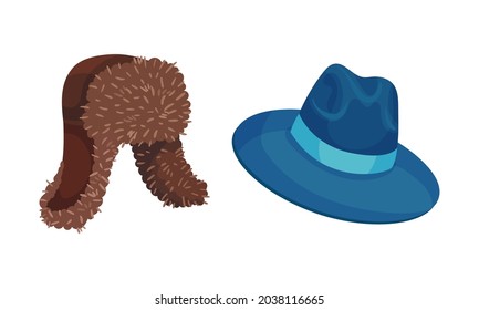 Set Of Headgears, Earflap Hat And Fedora Hat Cartoon Vector Illustration