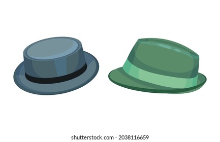 Set Of Headgears, Male Fedora Hat Cartoon Vector Illustration