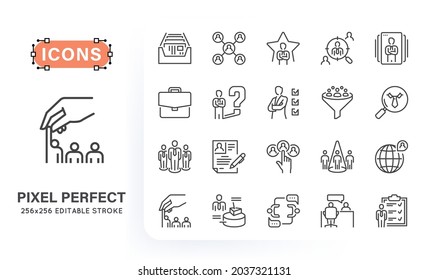 Set of headhunting related line icons. Contains such icons as index card, candidate, portfolio, target and more. 256x256 pixel perfect. Editable stroke.