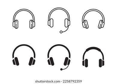 Set of headphone icons in a simple black design isolated on white background