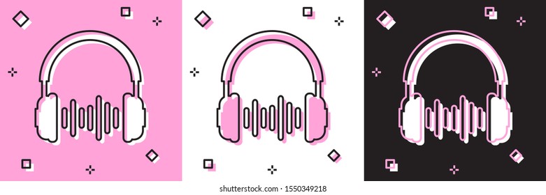 Set Headphone and sound waves icon isolated on pink and white, black background. Concept object for listening to music, service, communication and operator.  Vector Illustration