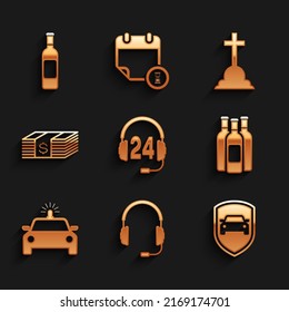 Set Headphone for support, Headphones with microphone, Car protection insurance, Bottles of wine, Police car and flasher and Paper money dollars cash icon. Vector