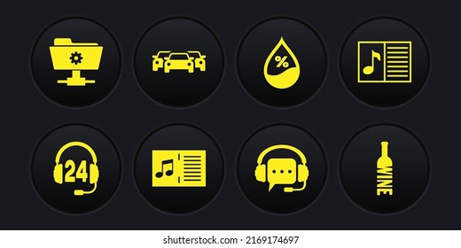 Set Headphone für Support, Musikbuch mit Notiz, Kopfhörer Sprechblase, Wassertropfen Prozentsatz und Autos Symbol. Vektorgrafik
