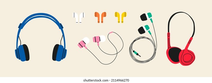 Set of Headphones; Audio Equipment; Wired and Wireless Earphones for Music Listening. AirPods. Earbuds Technology Accessory for Smartphone or Dj. Hand drawn cartoon vector isolated; Illustration.