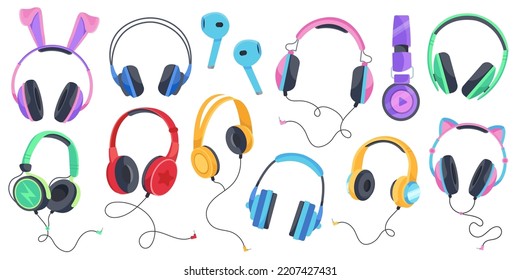 Set of headphones, audio equipment, wired and wireless earphones for music listening. Earbuds technology accessory for smartphone or dj isolated on white background. Cartoon vector illustration
