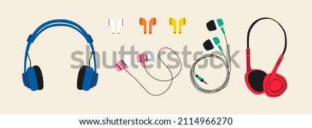 Set of Headphones; Audio Equipment; Wired and Wireless Earphones for Music Listening. AirPods. Earbuds Technology Accessory for Smartphone or Dj. Hand drawn cartoon vector isolated; Illustration.