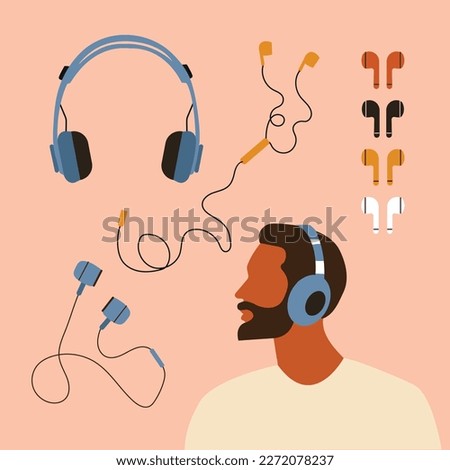 Set of Headphones; Audio Equipment; Wired and Wireless Earphones for Music Listening. AirPods. Earbuds Technology Accessory for Smartphone or Dj. Hand drawn cartoon vector isolated; Illustration.
