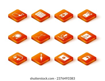Set Headphones, Audio jack, Microphone with stand, Online play video, Man headphones and Laptop music note icon. Vector