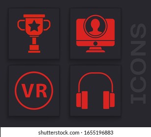 Set Kopfhörer, Award-Cup, Account-Bildschirm erstellen und Virtual-Reality-Brillen-Symbol. Vektorillustration