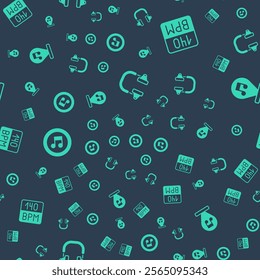 Set Headphones, Bitrate, Music note, tone and  on seamless pattern. Vector