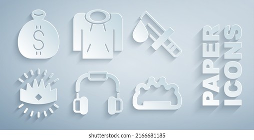 Set Headphones, Bloody Knife, King Crown, Brass Knuckles, Hoodie And Money Bag Icon. Vector