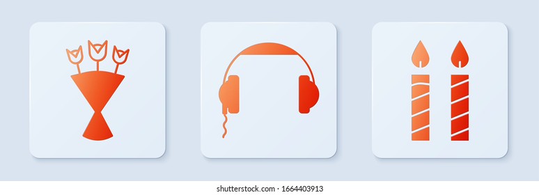 Set Headphones , Bouquet of flowers  and Birthday cake candles . White square button. Vector