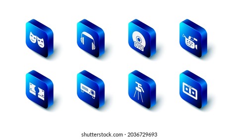 Set Headphones, CD or DVD disk, Cinema camera, VHS video cassette tape, Tripod, Movie, film, media projector, Stacks paper money cash and Comedy and tragedy masks icon. Vector
